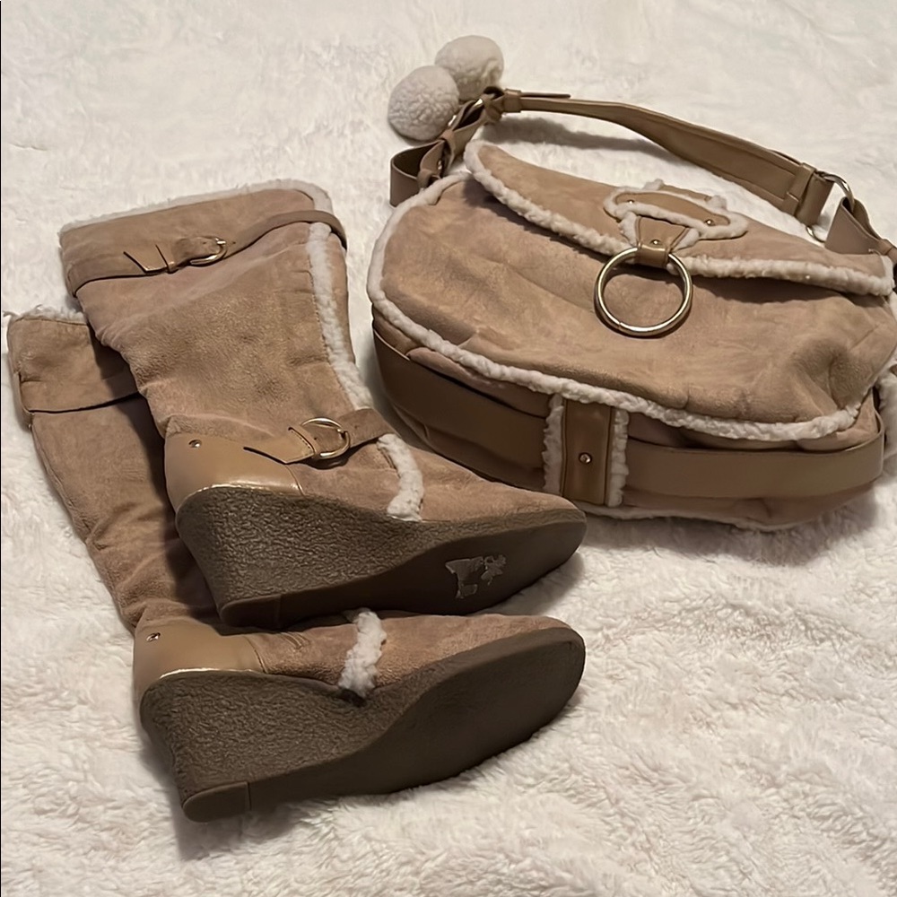 Tan Boots and Bag Set with White Trim